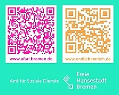 Das Logo enthält zwei QR-Codes, die die Nutzenden zu den Webseiten www.afsd.bremen.de und www.endlichamtlich.de führen