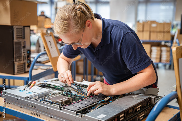 Junge Frau arbeitet an einem Computer und wechselt RAM-Speichermodule
