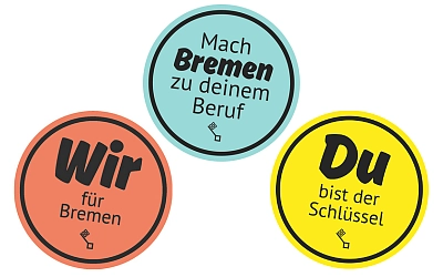 Drei Buttons nebeneinander in lachsfarben mit dem Text Wir für Bremen, in türkis mit dem Text Mach Bremen zu deinem Beruf und in gelb mit dem Text Du bist der Schlüssel