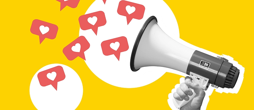 Gelbe Grafik mit einem Megafon, das von einer Hand gehalten wird. Auf der Grafik sind außerdem Herzen zu sehen, die wie ein Like auf der Social-Media-Plattform Instagram aussehen.